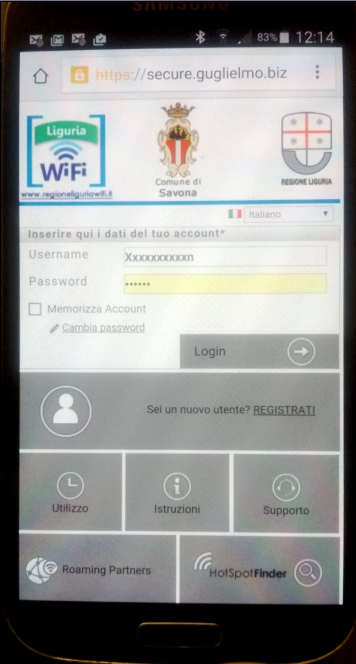 Schermata autenticazione Liguria WiFi Savona